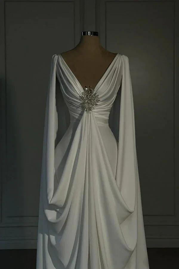 Designer Long Ivory A-line V-neck Satin Wedding Dress with Long Sleeves (ZD15527)