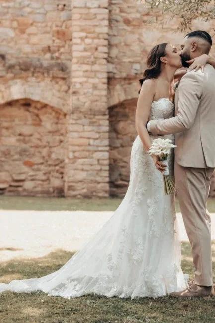 Designer Long Ivory Mermaid Strapless Lace Wedding Dress with Train (ZD16627)