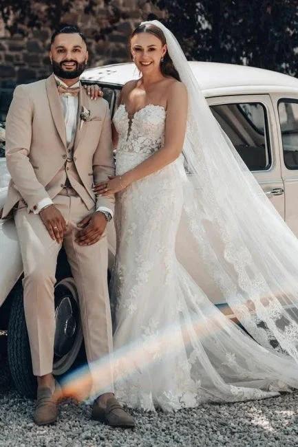 Designer Long Ivory Mermaid Strapless Lace Wedding Dress with Train (ZD16627)