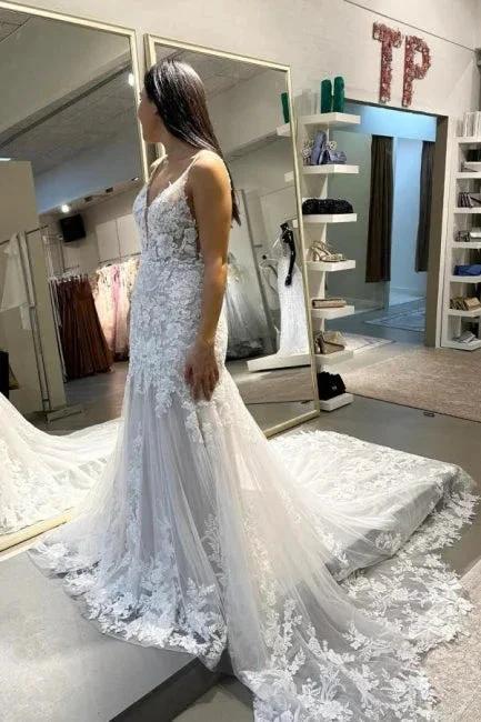 Designer Long Mermaid Appliques Sleeveless Wedding Dresses With Lace (ZD14527)