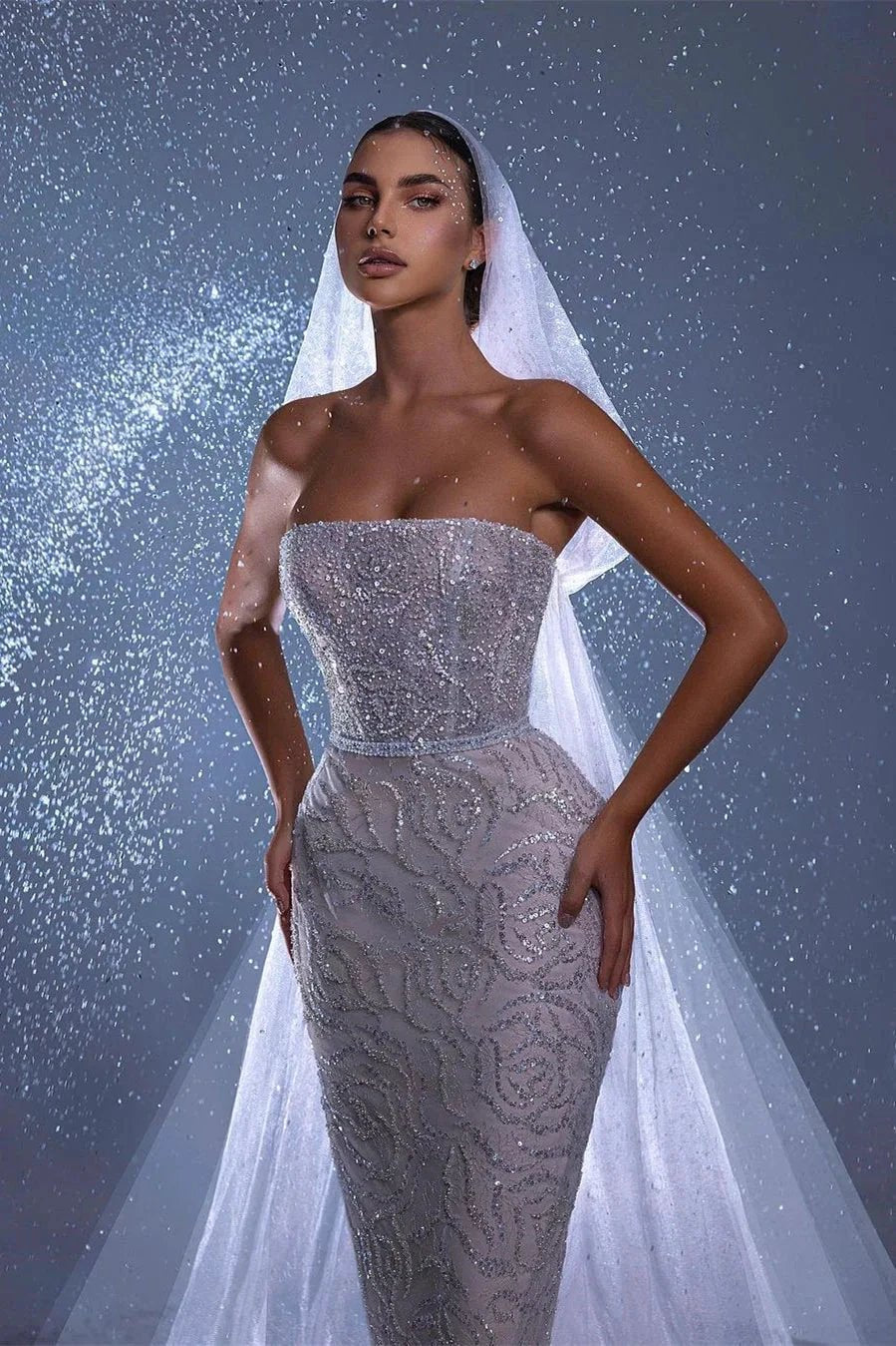 Designer Long Mermaid Sleeveless Lace Wedding Dress With Train (ZD14525) - View 4 | VelvetHem