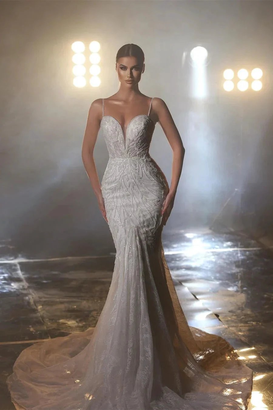 Designer Long Mermaid Spaghetti Straps V-neck Wedding Dress With Lace (ZD14521) - VelvetHem