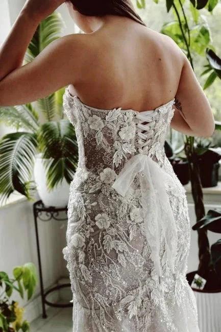 Designer Long Mermaid Strapless Lace Sequined Wedding Dress with Train (ZD15567)