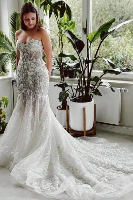 Designer Long Mermaid Strapless Lace Sequined Wedding Dress with Train (ZD15567)