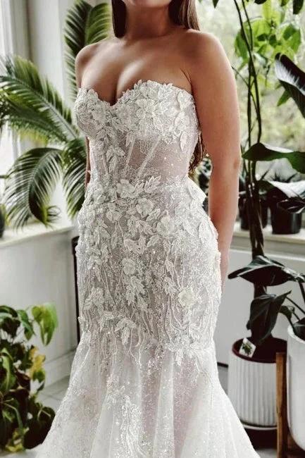 Designer Long Mermaid Strapless Lace Sequined Wedding Dress with Train (ZD15567)