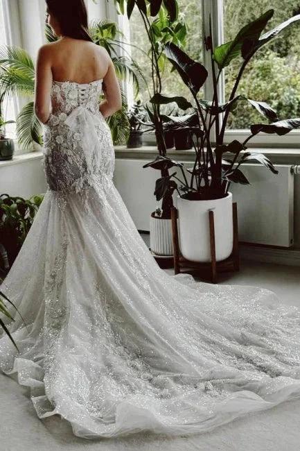 Designer Long Mermaid Strapless Lace Sequined Wedding Dress with Train (ZD15567)