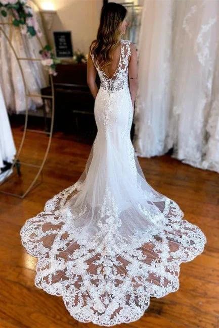 Designer Long Mermaid V-neck Backless Lace Sleeveless Wedding Dresses With Train (ZD14949)
