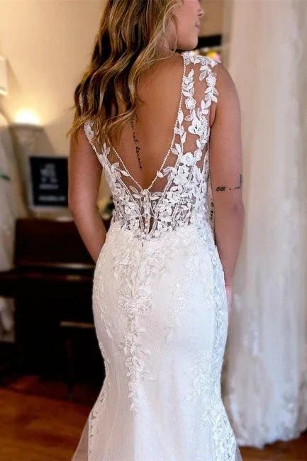 Designer Long Mermaid V-neck Backless Lace Sleeveless Wedding Dresses With Train (ZD14949)