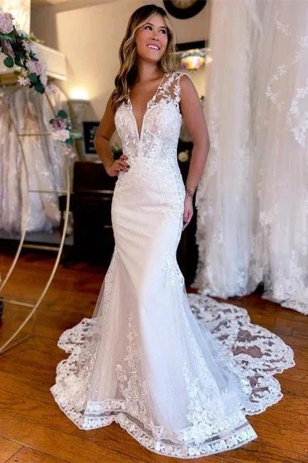 Designer Long Mermaid V-neck Backless Lace Sleeveless Wedding Dresses With Train (ZD14949)