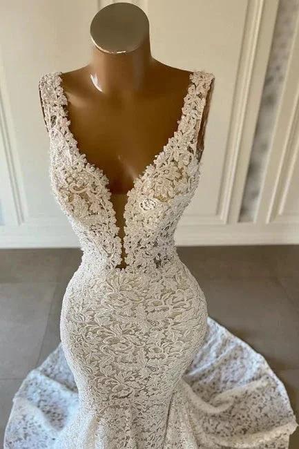 Designer Long Mermaid V-neck Sleeveless Wedding Dresses With Lace (ZD16528)