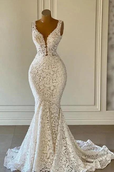 Designer Long Mermaid V-neck Sleeveless Wedding Dresses With Lace (ZD16528)