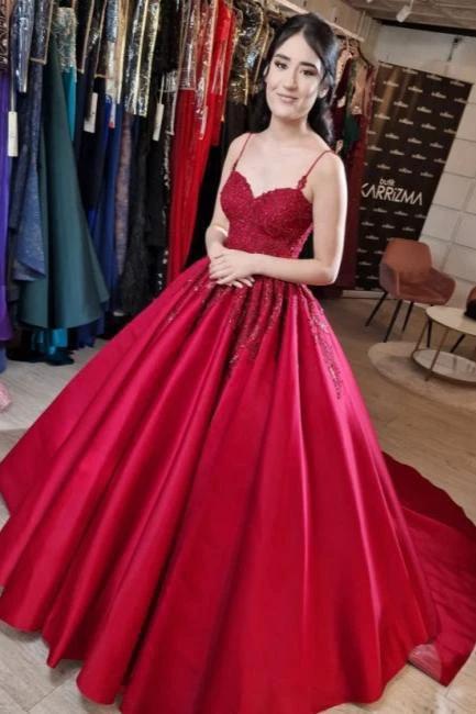 Designer Long Red A-line Spaghetti Straps Lace Princess Wedding Dress (ZD15549)