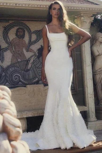 Designer Long White Mermaid Spaghetti Straps Satin Wedding Dress (ZD16645)