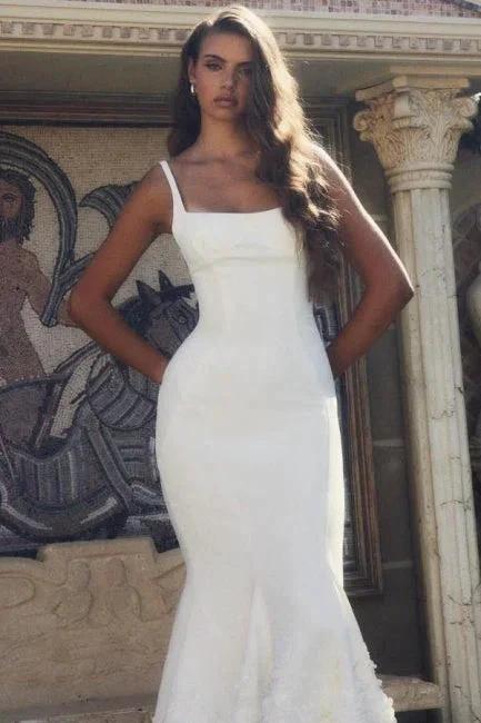 Designer Long White Mermaid Spaghetti Straps Satin Wedding Dress (ZD16645)