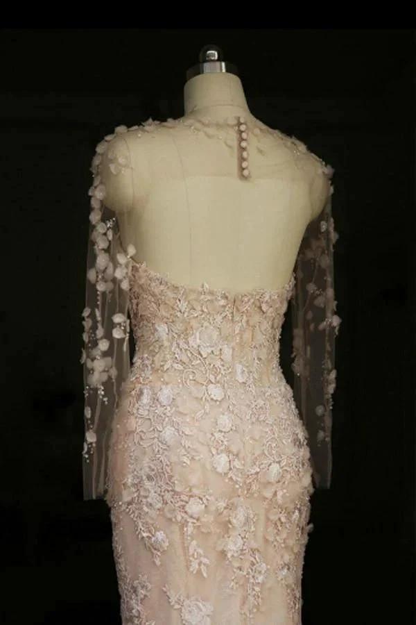 Designer Open Back Sheer Flowers Long Sleeve Mermaid Wedding Dress (ZD15477)
