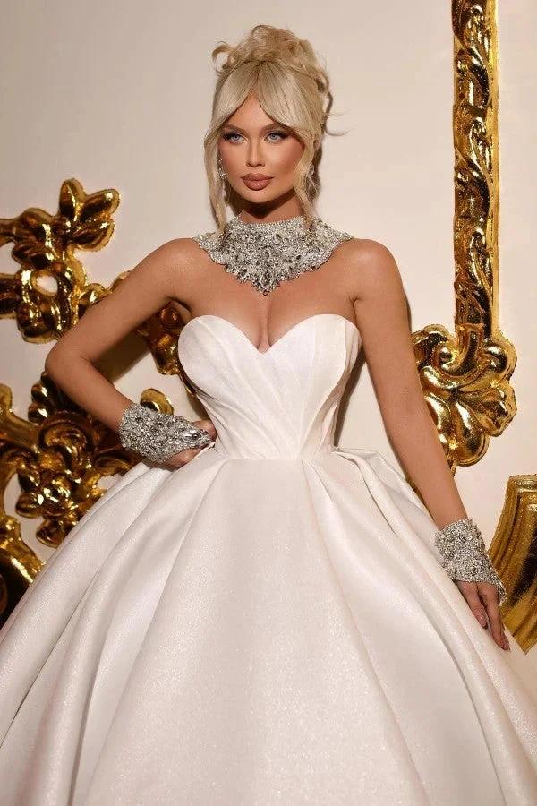 Designer Princess Long A-line Satin Glitter Sleeveless Wedding Dresses (ZD14835)