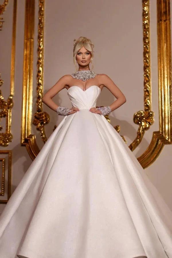 Designer Princess Long A-line Satin Glitter Sleeveless Wedding Dresses (ZD14835)