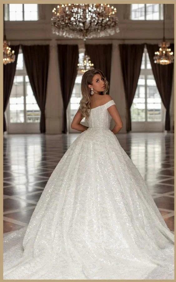 Designer Princess Long White Off-the-shoulder Glitter A-line Wedding Dresses (ZD14833)