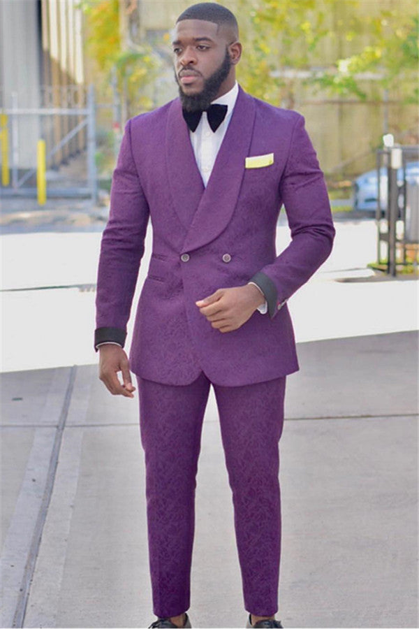 Designer Purple Slim-Fit Groom Tuxedos Jacquard Prom Outfits Suits