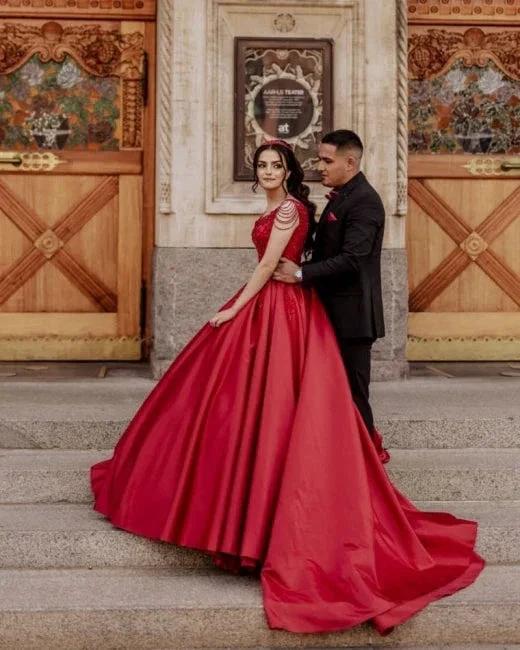 Designer Red A-Line Sleeveless Wedding Dresses With Lace (ZD14692)