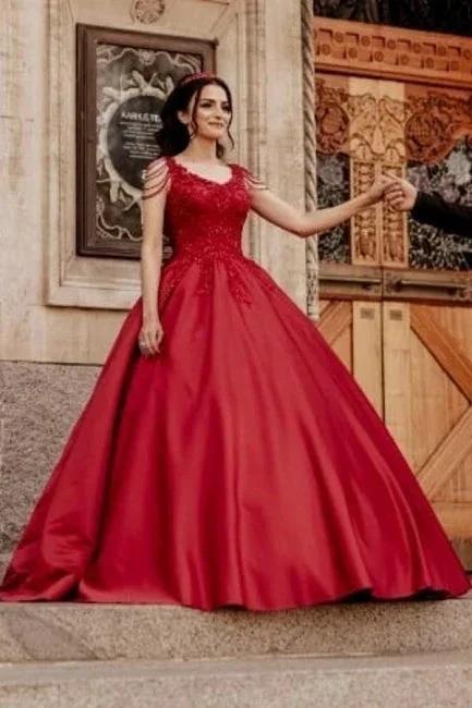 Designer Red A-Line Sleeveless Wedding Dresses With Lace (ZD14692) - VelvetHem