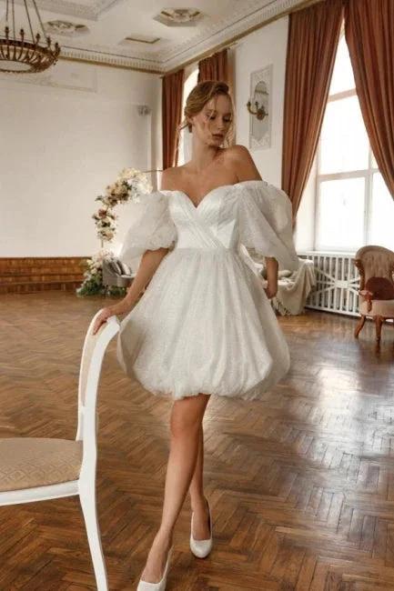 Designer Short White Off-the-shoulder Tulle Glitter Wedding Dress with Sleeves (ZD16671)