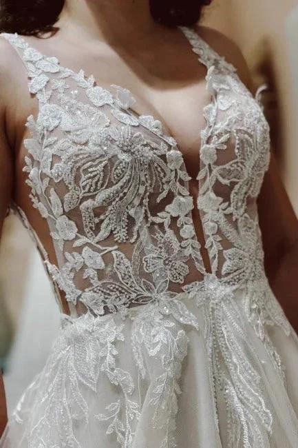 Designer Simple A-line V-neck Wedding Dresses With Lace (ZD14969)