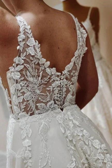 Designer Simple A-line V-neck Wedding Dresses With Lace (ZD14969)