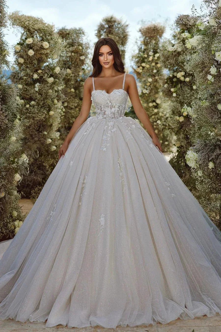 Designer Spaghetti Straps Long A-line Appliques Sleeveless Wedding Dress With Lace (ZD14506) - VelvetHem