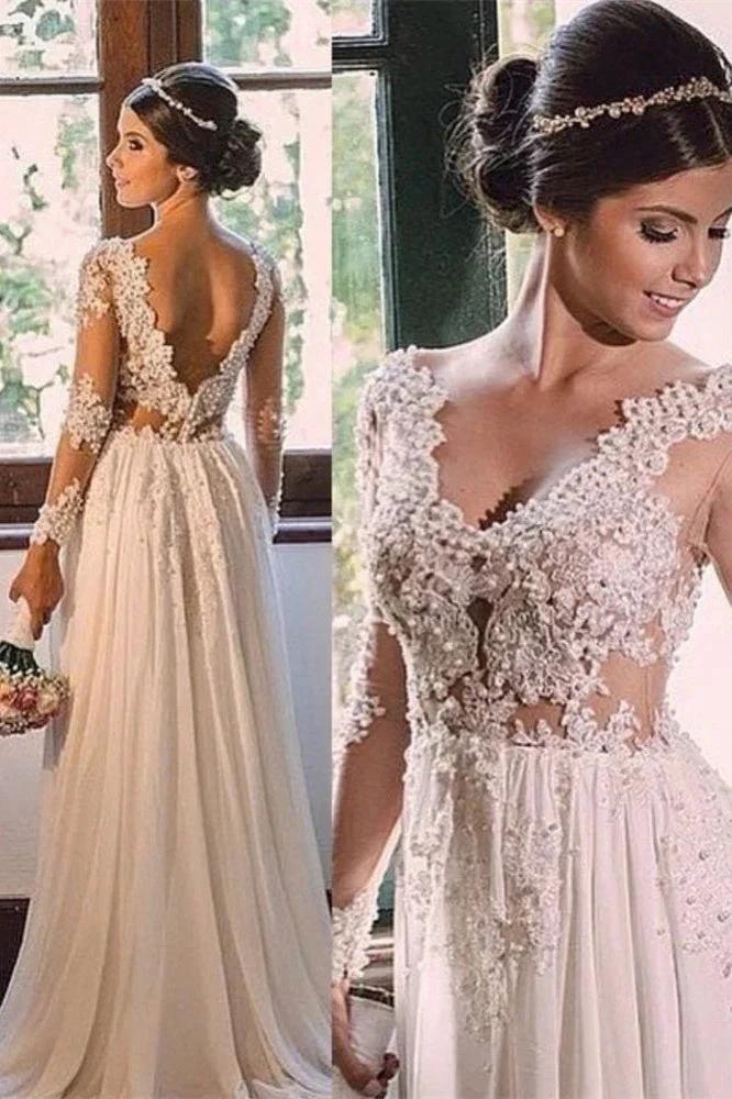 Designer Sweep Train Chiffon V-Neck Lace Backless Wedding Dress (ZD13883)