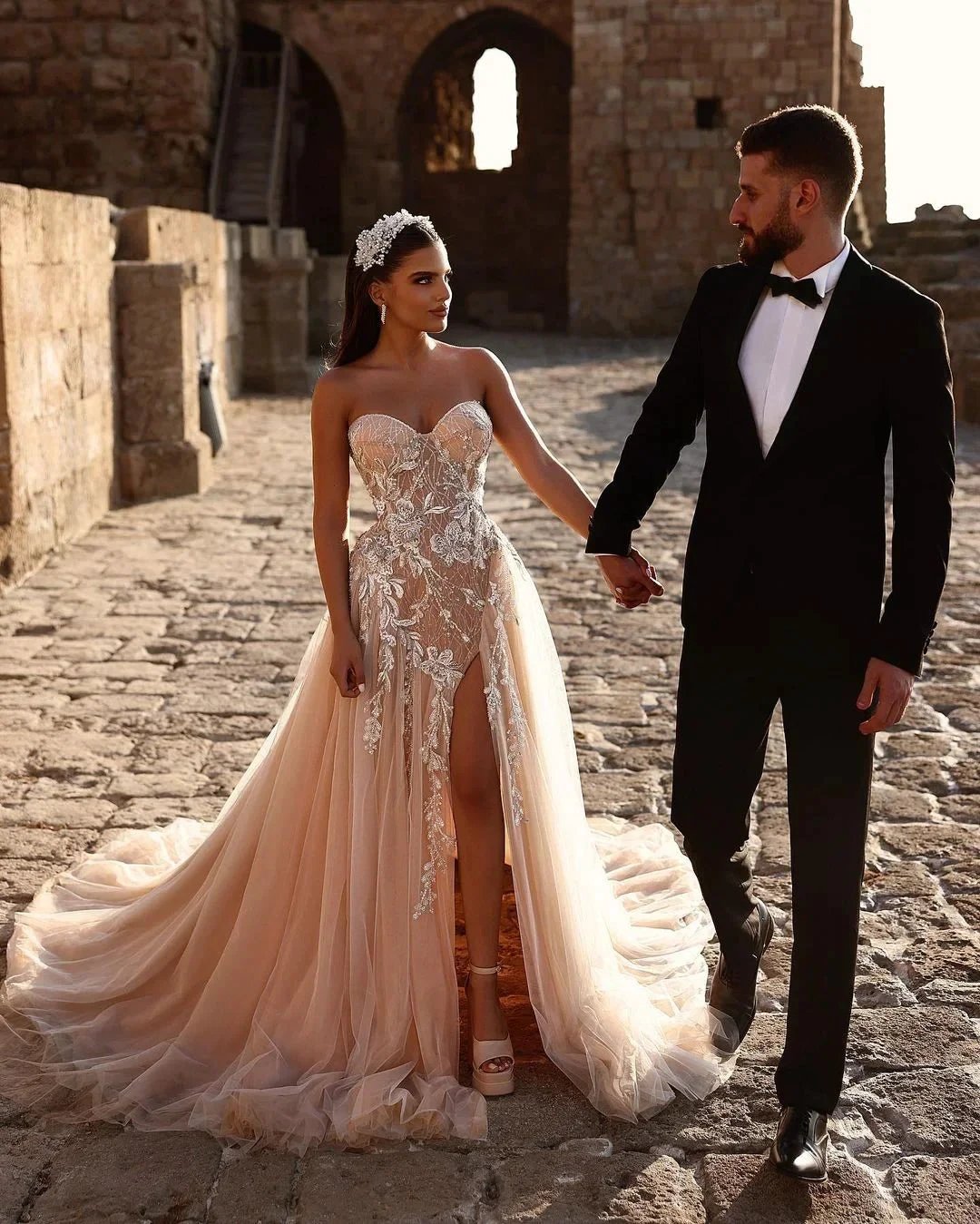 Designer Sweetheart Long A-line Glitter Lace Wedding Dress With Slit (ZD16499)