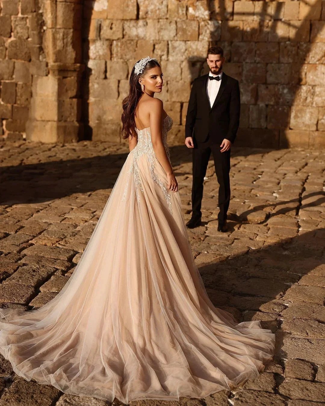 Designer Sweetheart Long A-line Glitter Lace Wedding Dress With Slit (ZD16499)