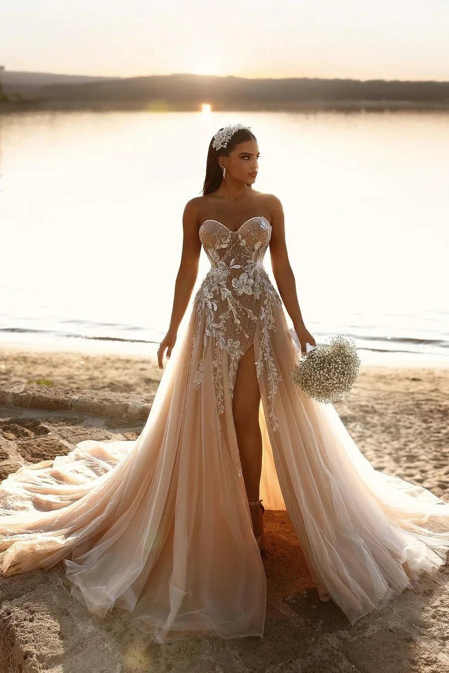 Designer Sweetheart Long A-line Glitter Lace Wedding Dress With Slit (ZD16499)