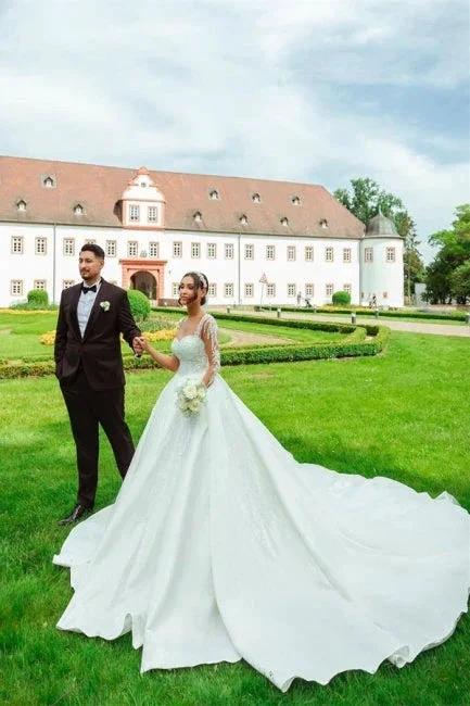 Designer Sweetheart Long White Satin Lace Wedding Dresses With Long Sleeves (ZD14959)