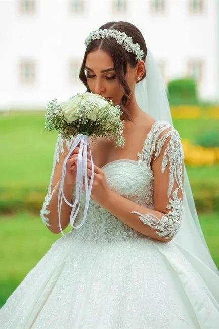 Designer Sweetheart Long White Satin Lace Wedding Dresses With Long Sleeves (ZD14959)
