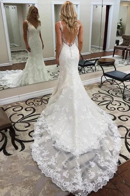 Designer wedding dress mermaid | Backless lace wedding dresses by misshow.com