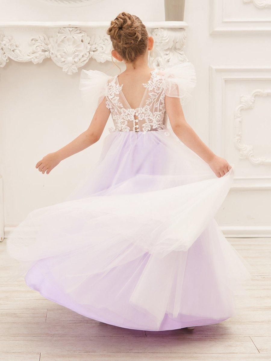 Detachable Lace Tulle Sweep Train Flower Girl Dress