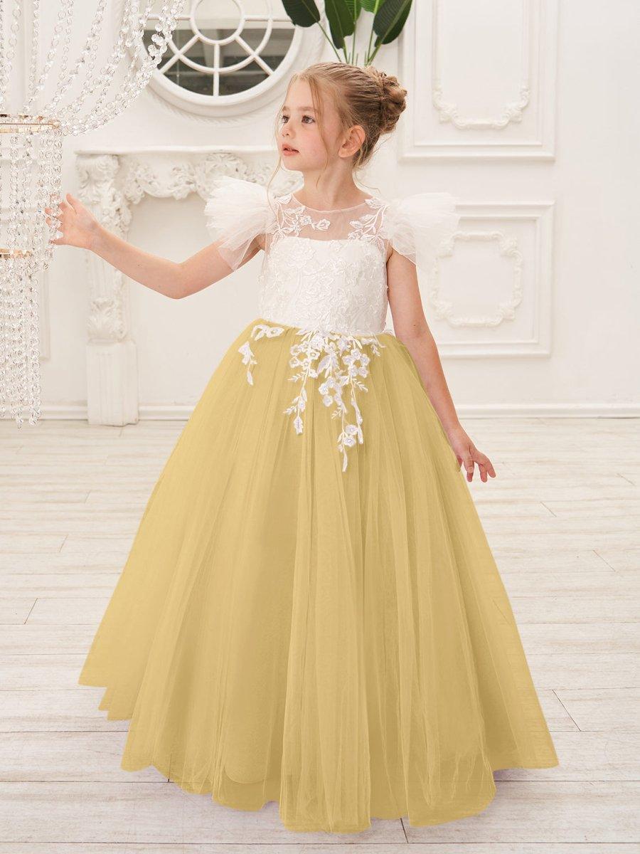 Detachable Lace Tulle Sweep Train Flower Girl Dress