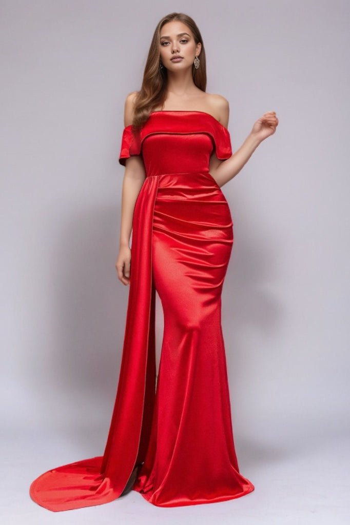 Solid Satin Off-Shoulder High-Waist Mermaid Silk Dress - View 5 | VelvetHem