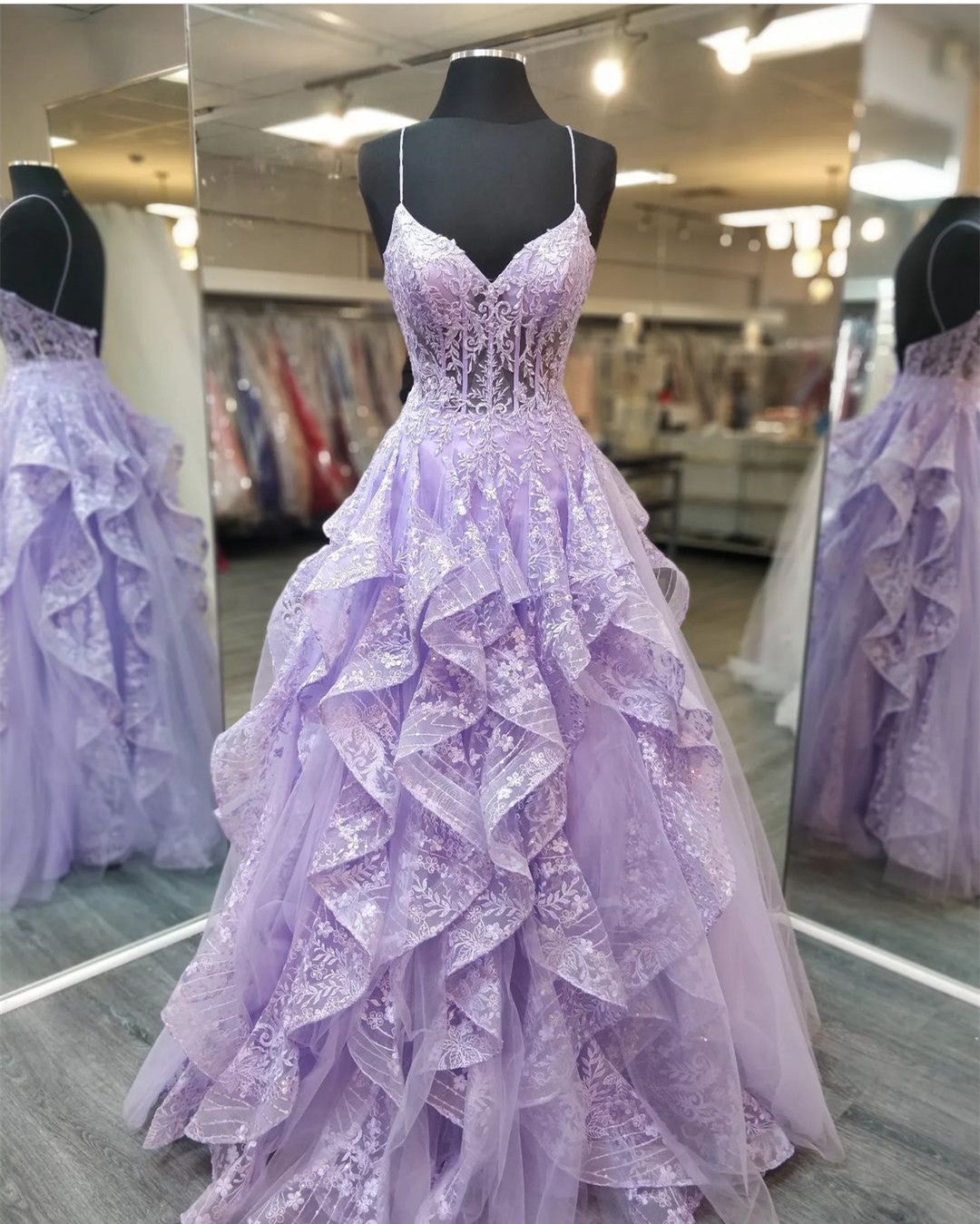 Spaghetti Straps Lilac Prom Dresses Evening Gowns with Sheer Bodice Y1513 - VelvetHem