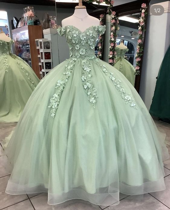 Off-the-Shoulder Sage Green Ball Gown With Flowers Sweet 16 Dress - FashionDia