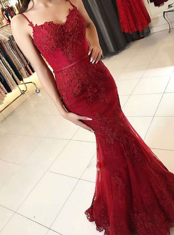 Spaghetti Strap Burgundy Lace Appliqued Mermaid Prom Dresses