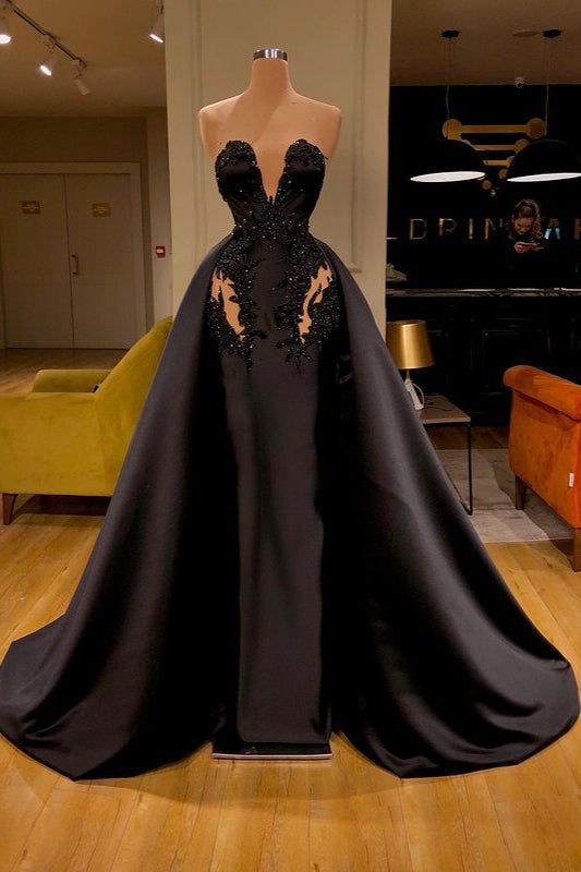 Black Sweetheart Overskirt Long Evening Dress With Appliques - FashionDia