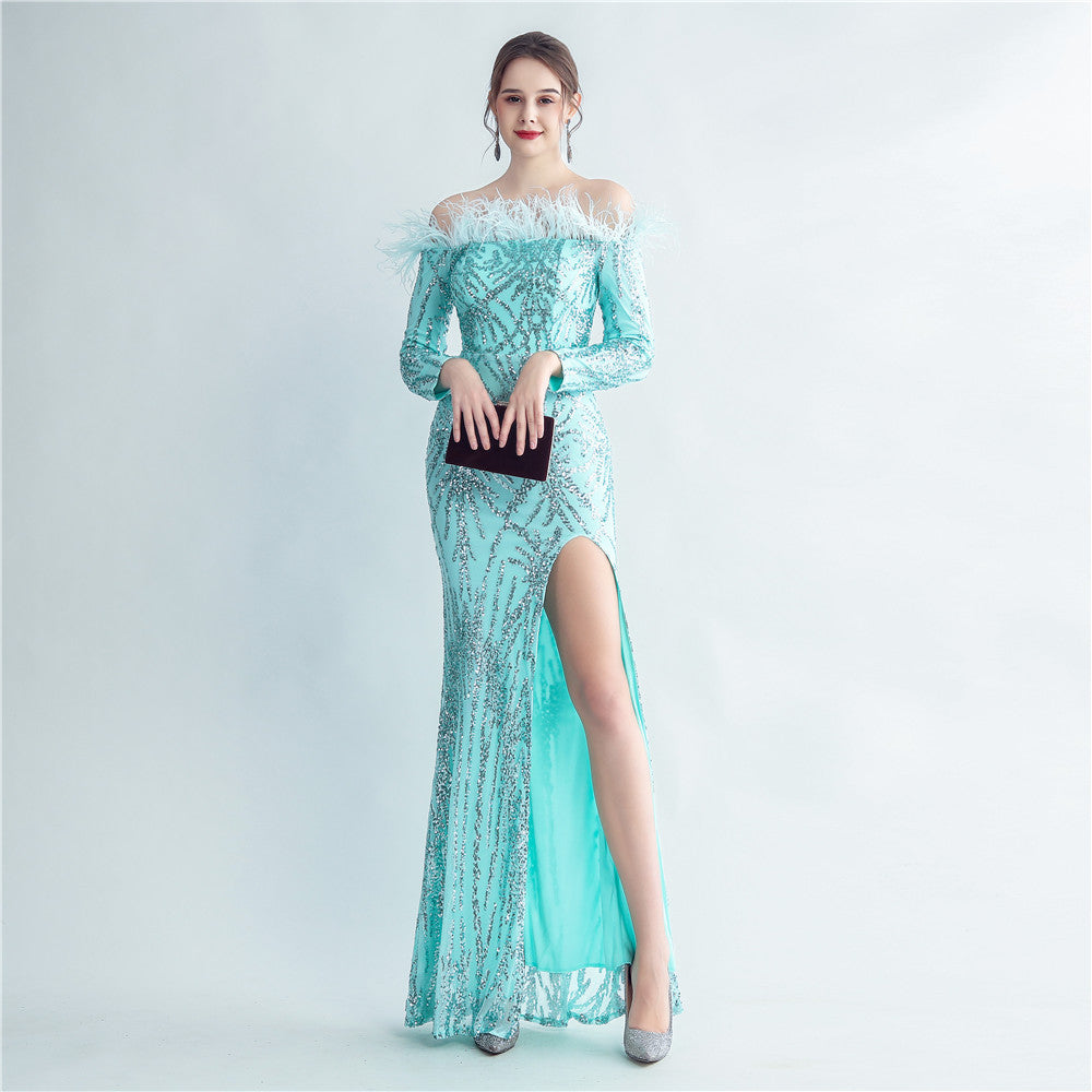 High Density Ostrich Hair Sequin Off Shoulder Fishtail Evening Dress - View 8 | VelvetHem