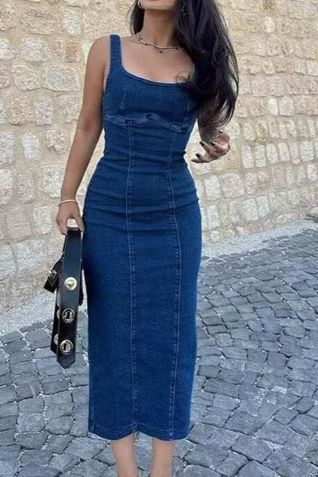 Strappy Zip Back Denim Dress - VelvetHem