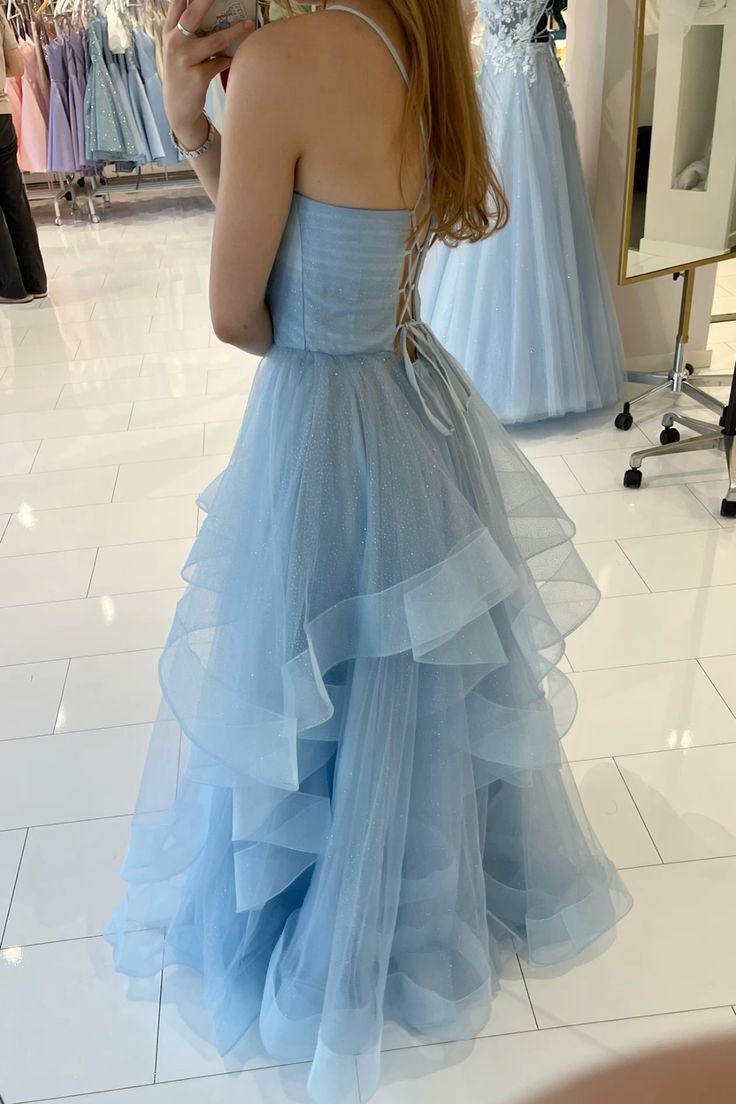 Spaghetti Straps Blue Tulle Prom Dress A Line Ruffled Evening Gown J10943