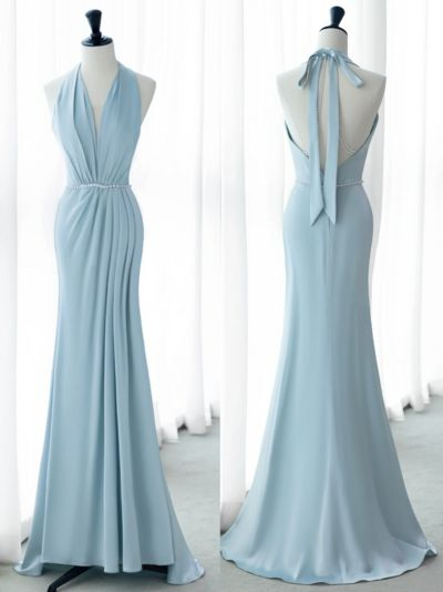 French Romantic Halter Satin Mermaid Prom Dress Blue V-Neck Backless Evening Dress - FashionDia