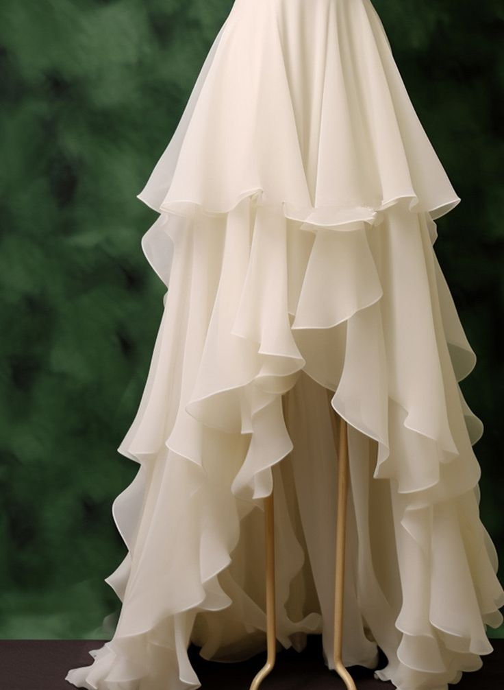 White Chiffon High-Low Short Sleeves Party Dress Ruffle Bridal Gown