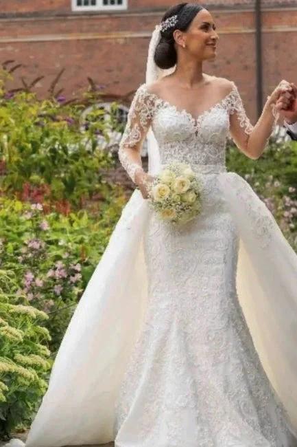 Dignified Sweetheart Appliques Lace Long Sleeve Mermaid Wedding Dresses with Train (ZD14683)