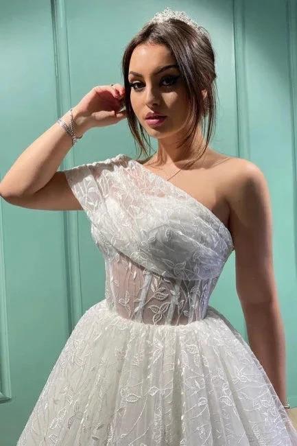 Dignified Transparent Lace One Shoulder Long Ball Gown Wedding Dresses (ZD14685)
